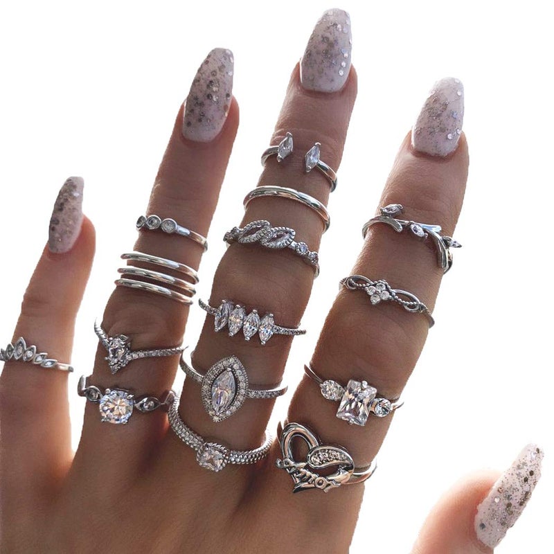 BELICEY 9-15PCS Knuckle Stacking Rings Set for Women Crystal Rhinestone Finger Statement Ring Sets Vintage Joint Knot Mid Rings Stackable Rings Jewelry Accessories (Silver-Cryst Rhinestone) - Image 1